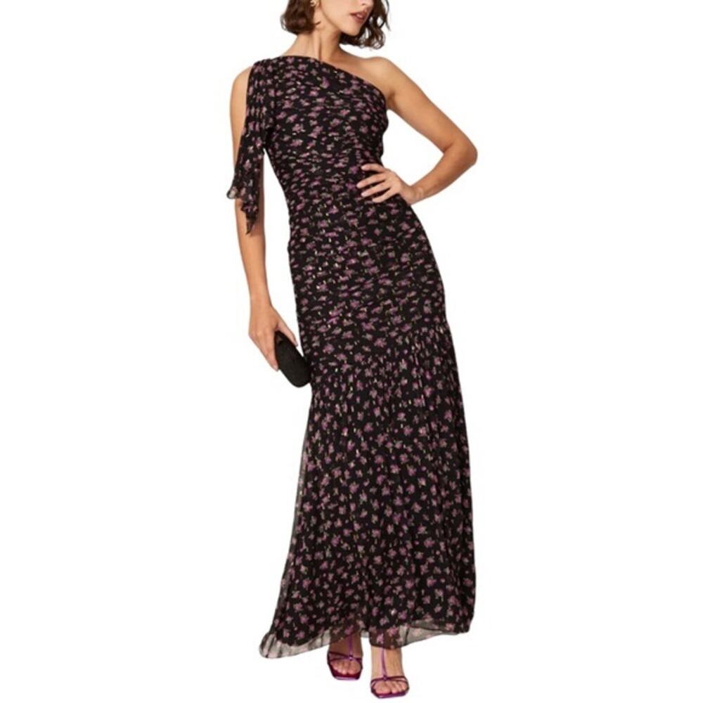 SHOSHANNA Vivine Tossed Rose One Shoulder Black Floral Gown Dress Size 8